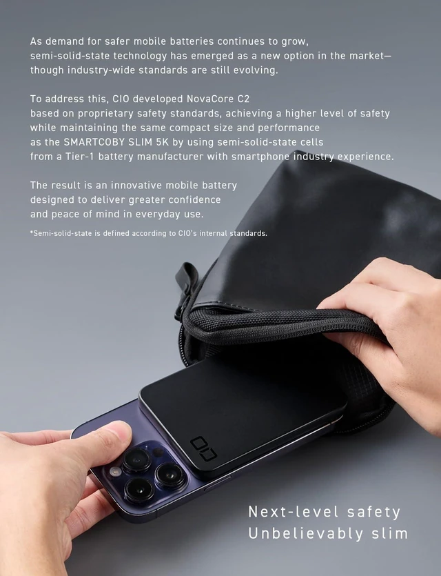 Alt view image 4 of 7 - CIO SMARTCOBY SLIM II Wireless 2.0 SS5K 5000mAh Power Bank (Black) | Safe, lightweight, travel-friendly, Qi2 15W fast charging, semi-solid safety technology, 8.7mm thin, for iPhone