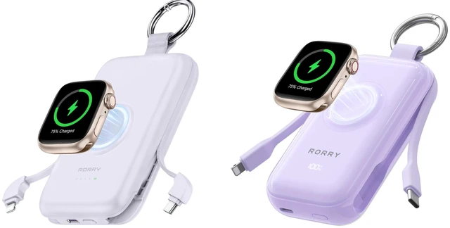 Main image of RORRY CharmGo Portable Charger 45W 20W Fast Charging, 10000mAh Keychain Power Bank with Built-in Cables, Battery Pack for iPhone and Apple Watch, iPad