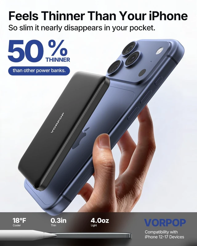 Alt view image 2 of 7 - VORPOP Power Bank,Ultra-Slim 5000mAh Magnetic Wireless Portable Charger | 15W Wireless Portable Phone Charger with 20W USB-C, Semi-Solid Battery Pack for iPhone 18 Pro Max/17/16/15/14/13/12