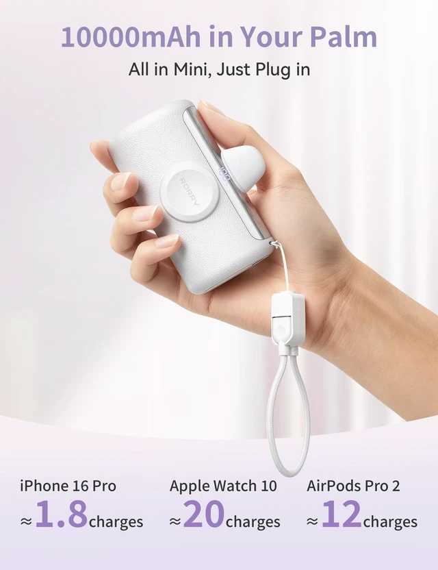 Alt view image 3 of 7 - RORRY PalmGo Portable Charger Power Bank 10000mAh 3-in-1 Mini Battery Pack | Built-in USB-C Connector, 22.5W Fast Charging, for iPhone 18 Pro/17/16/15, Apple Watch, iPad, Travel Essential, Pocket Size