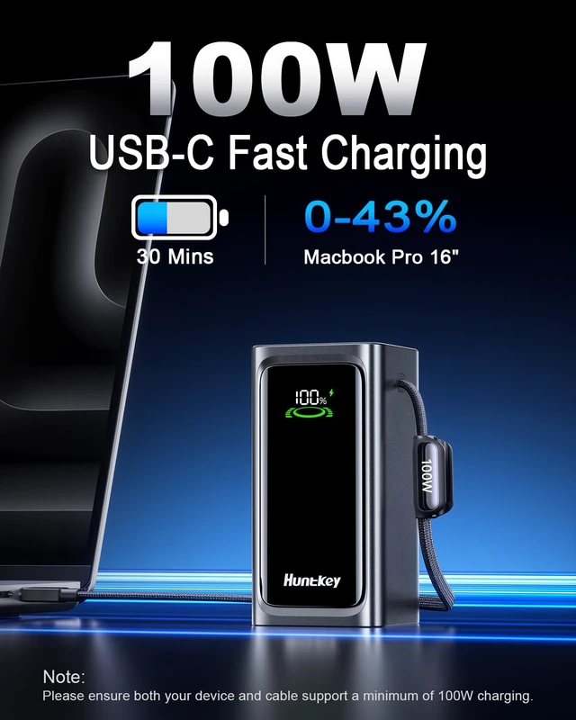 Alt view image 3 of 7 - Huntkey Power Bank 20000mAh, Portable Battery Charger 100W, Battery Pack for iPhone, Powerbank Fast Charging Compatible with iPhone 18-12 Series/MacBook/iPad/Steam Deck/Galaxy S26/S25/S24 (Black)