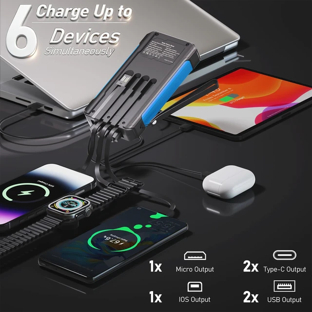 Alt view image 2 of 7 - Nymzixt Solar Power Bank 20000mAh Bundle with Built-in Cables, Wireless Charging and Foldable Solar Panels