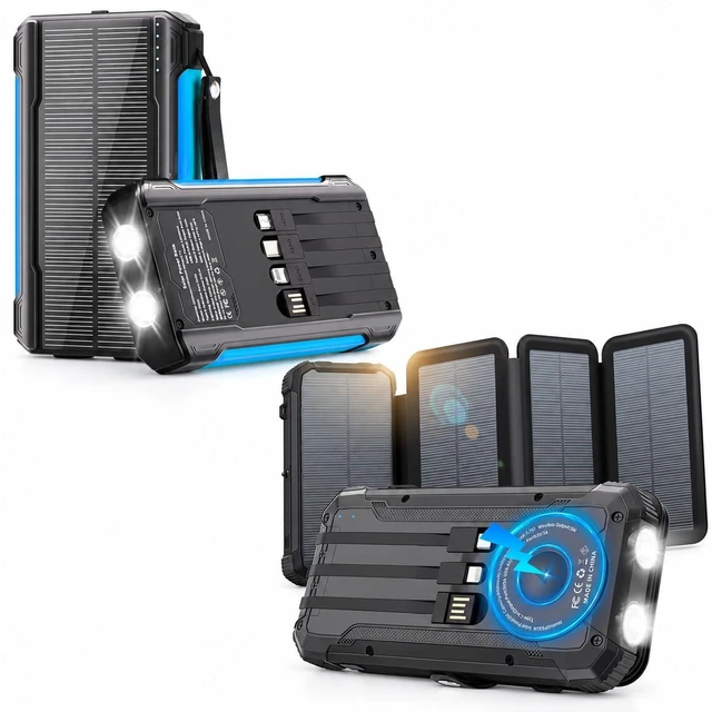 Main image of Nymzixt Solar Power Bank 20000mAh Bundle with Built-in Cables, Wireless Charging and Foldable Solar Panels