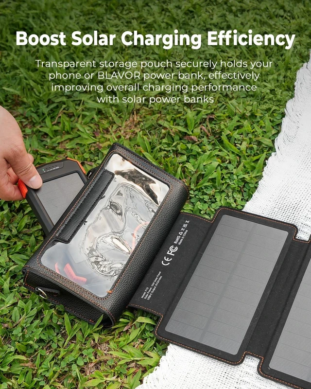 Alt view image 4 of 4 - BLAVOR Portable Foldable Solar Charging Pack with Built-in USB-C Cable & Crossbody Lanyard, Plus Solar Charger Power Bank 10,000mAh, 20W PD, Waterproof, Orange for Outdoor Camping Hiking Backpacking