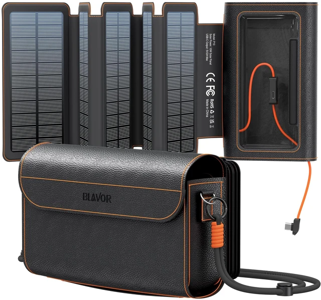 Alt view image 3 of 4 - BLAVOR Portable Foldable Solar Charging Pack with Built-in USB-C Cable & Crossbody Lanyard, Plus Solar Charger Power Bank 10,000mAh, 20W PD, Waterproof, Orange for Outdoor Camping Hiking Backpacking