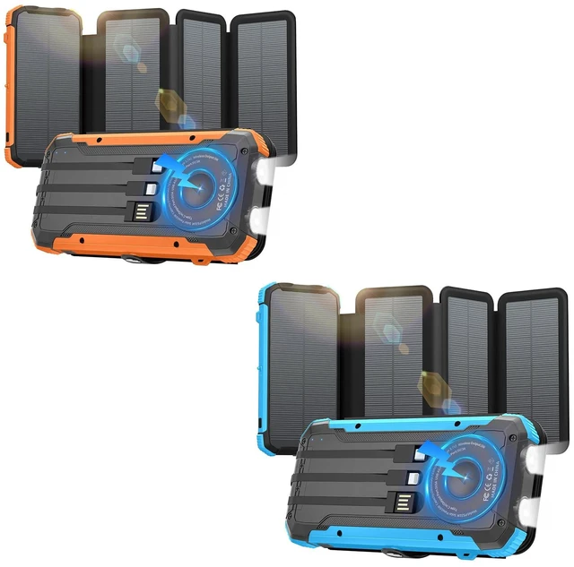 Main image of Nymzixt Solar Power Bank 20000mAh Portable Charger Built-in 3 Cables and Wireless Charging Battery Pack Compatible for iPhone, iPad, Bright 2 LED Flashlight Perfect for Camping (Orange and Blue)