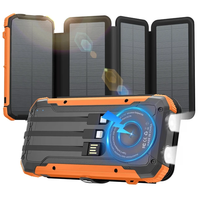 Alt view image 2 of 7 - Nymzixt Solar Power Bank 20000mAh Portable Charger Built-in 3 Cables and Wireless Charging Battery Pack Compatible for iPhone, iPad, Bright 2 LED Flashlight Perfect for Camping (Orange and Blue)