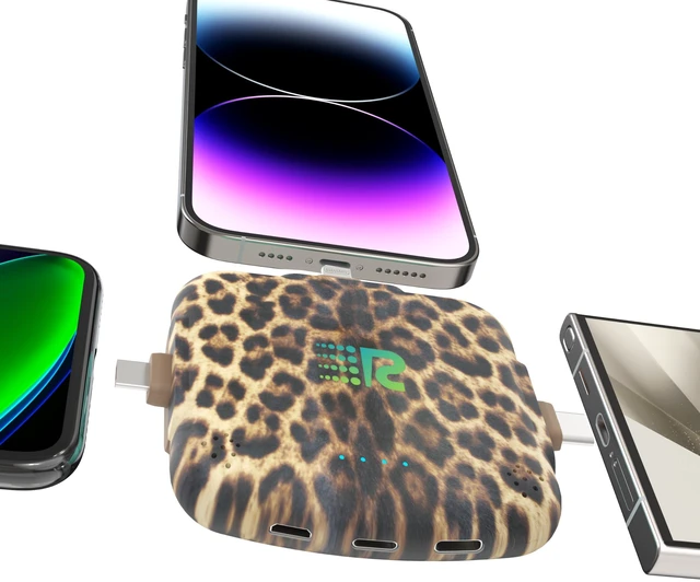 Alt view image 3 of 7 - Rush Charge Universe Mini Power Bank Portable Charger 3 in 1 Leopard | 3300mah, 2.4A, 3 in 1 Portable Charger Fast Charging Lightning, Type C, Micro-USB Pre-Charged Pass Through Charges 3 Devices