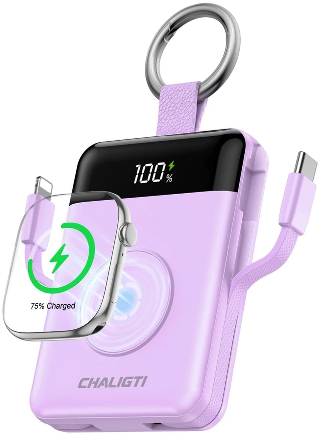 Main image of CHALIGTI 10000mAh Portable Charger,22.5W Power Bank&iWatch Charger,Purple | LED Display,Built-in Cables,Super Fast Charging,Travel Keychain Battery Pack for iPhone 18/17/16/15/14/13,Apple Watch Series