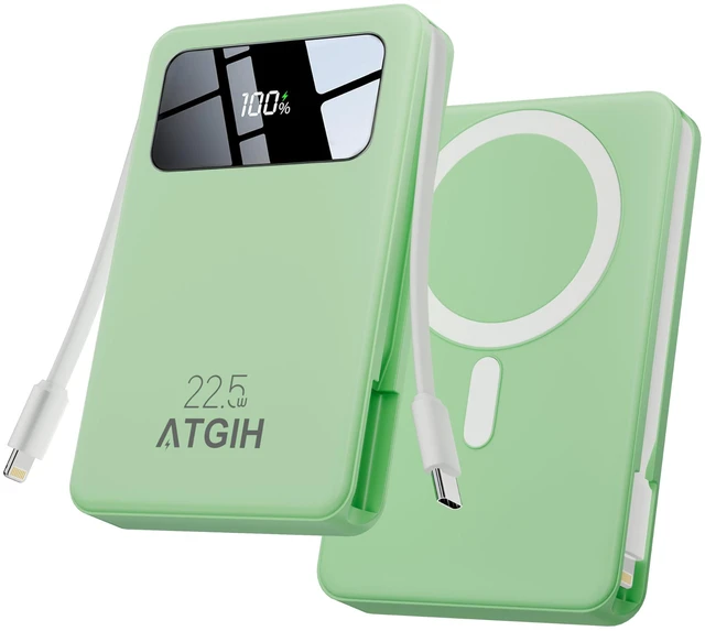 Main image of ATGIH 10000mAh Magnetic Wireless Power Bank, 5-in-1 Portable Charger with 2 Built-in Cables, 22.5W PD Fast Charging Magnetic Battery Pack for iPhone 17/16/15/14/13/12 and All Series Green