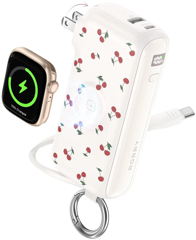 Main image of RORRY Flow Portable Charger 10000mAh 40W Wall Plug Power Bank Battery Pack | Built-in USB-C Cable, Keychain Design, Fast Charging, for iPhone 18 Pro/17/16/15, Apple Watch, iPad, Travel Essential