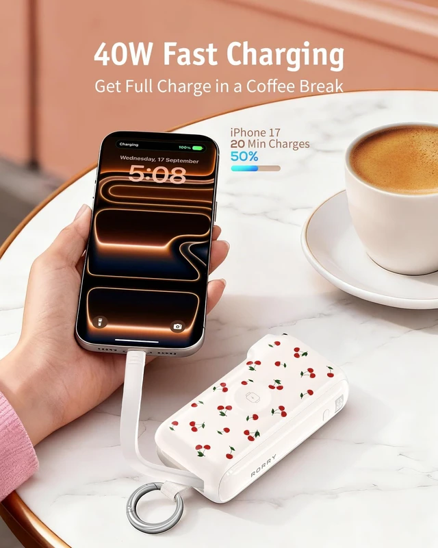 Alt view image 3 of 7 - RORRY Flow Portable Charger 10000mAh 40W Wall Plug Power Bank Battery Pack | Built-in USB-C Cable, Keychain Design, Fast Charging, for iPhone 18 Pro/17/16/15, Apple Watch, iPad, Travel Essential