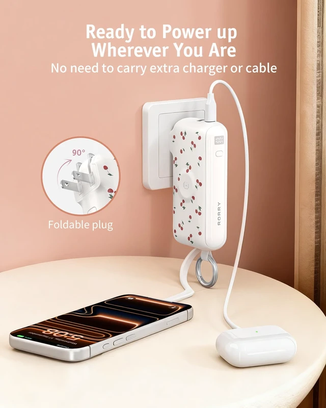 Alt view image 6 of 7 - RORRY Flow Portable Charger 10000mAh 40W Wall Plug Power Bank Battery Pack | Built-in USB-C Cable, Keychain Design, Fast Charging, for iPhone 18 Pro/17/16/15, Apple Watch, iPad, Travel Essential
