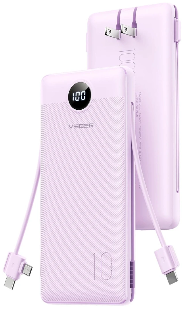 Main image of VEGER Portable Charger, 10000mAh Power Bank Built in Wall Plug and Cables | Ultra Slim, Charging 4 Devices Once, Travel Essentials, USB C Battery Pack for iPhone, iPad, Samsung, Android, Purple