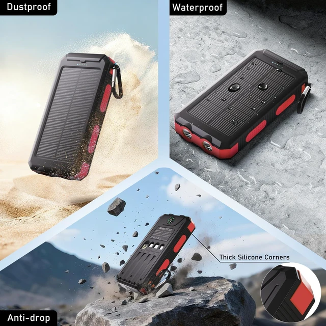 Alt view image 7 of 7 - Durecopow 20,000mAh Solar Charger Power Bank *2 Pack(Green+Red) | Portable Charger, 4 Cables 3 Ports Fast Charging External Battery Pack with USB C for Cell Phones, Solar Panel Charger