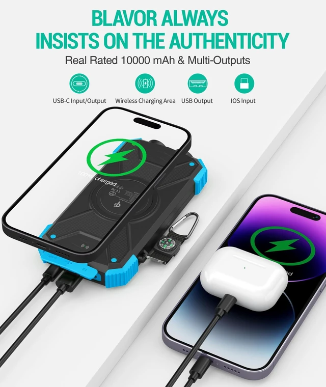 Alt view image 7 of 7 - 2 Pack BLAVOR Solar Charger Power Bank 10,000mAh, Portable Wireless Charger, 20W Fast Charging External Battery Pack with USB C for Cell Phones