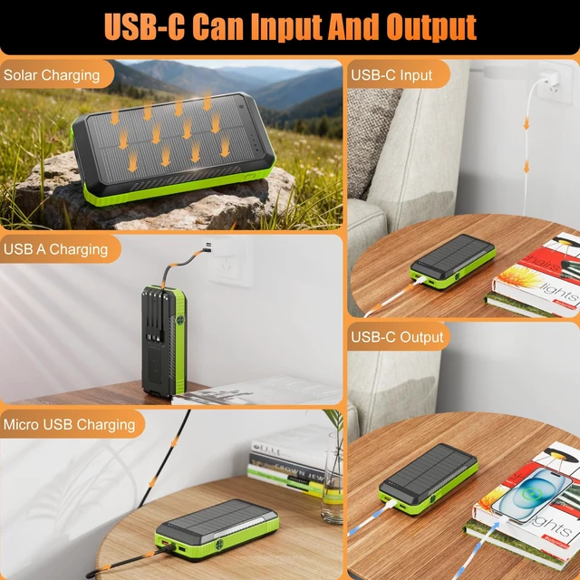 Alt view image 3 of 6 - Solar Power Bank 33800mAh Portable Charger for Camping/Hiking(Green) | Fast Charging,4 Built in Cable,Flashlight/Compass,Wireless Charging,7 Outputs & 4 Inputs Multi Device Charging,Waterproof