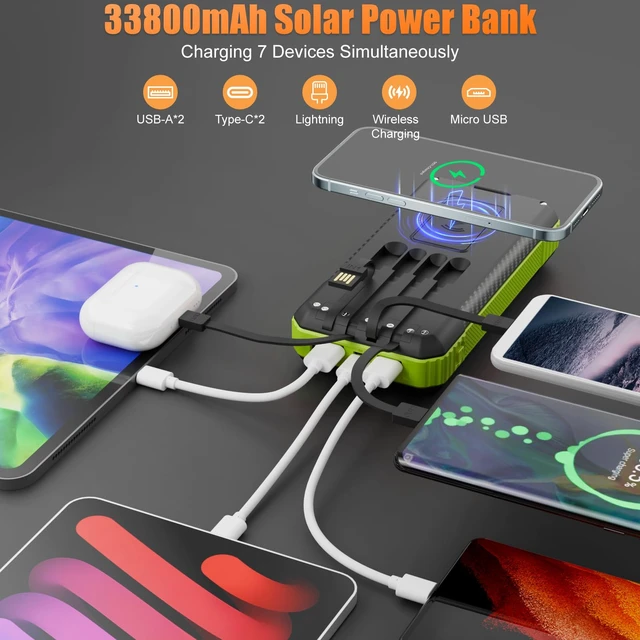 Alt view image 2 of 6 - Solar Power Bank 33800mAh Portable Charger for Camping/Hiking(Green) | Fast Charging,4 Built in Cable,Flashlight/Compass,Wireless Charging,7 Outputs & 4 Inputs Multi Device Charging,Waterproof