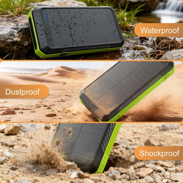 Alt view image 5 of 6 - Solar Power Bank 33800mAh Portable Charger for Camping/Hiking(Green) | Fast Charging,4 Built in Cable,Flashlight/Compass,Wireless Charging,7 Outputs & 4 Inputs Multi Device Charging,Waterproof