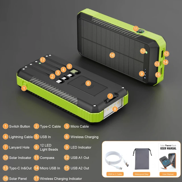 Alt view image 6 of 6 - Solar Power Bank 33800mAh Portable Charger for Camping/Hiking(Green) | Fast Charging,4 Built in Cable,Flashlight/Compass,Wireless Charging,7 Outputs & 4 Inputs Multi Device Charging,Waterproof