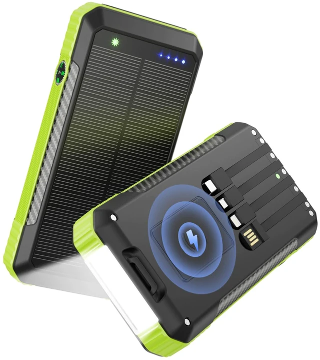 Main image of Solar Power Bank 33800mAh Portable Charger for Camping/Hiking(Green) | Fast Charging,4 Built in Cable,Flashlight/Compass,Wireless Charging,7 Outputs & 4 Inputs Multi Device Charging,Waterproof