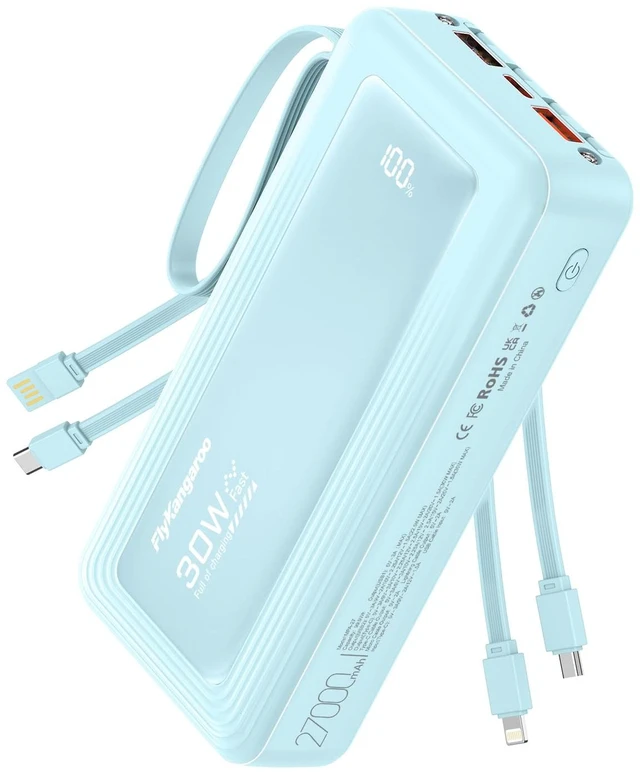 Main image of Portable Charger with Built-in Cables, 27000mAh Slim 30W Fast Charging Power Bank with LED Display, USB C Battery Pack 6 Outputs & 2 Inputs, Travel Essential Charger for iPhone, Samsung, Google etc