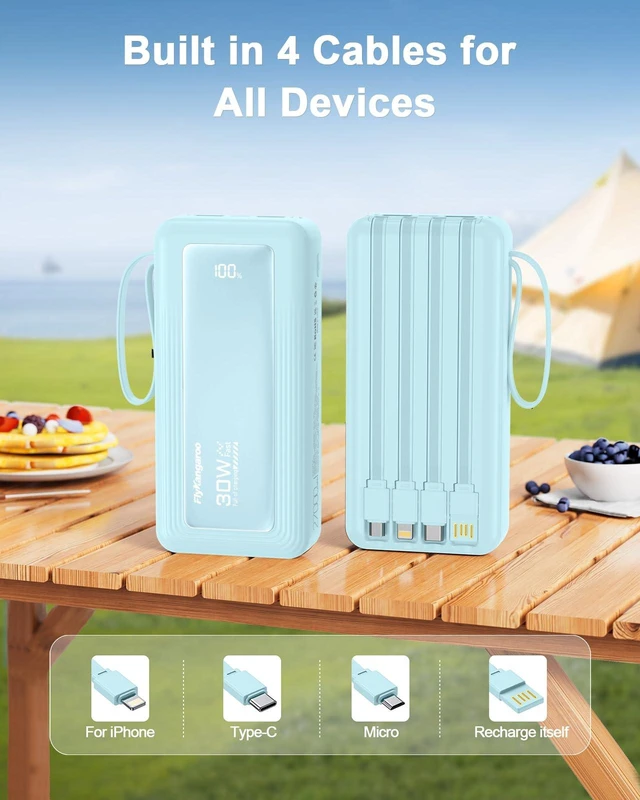 Alt view image 3 of 7 - Portable Charger with Built-in Cables, 27000mAh Slim 30W Fast Charging Power Bank with LED Display, USB C Battery Pack 6 Outputs & 2 Inputs, Travel Essential Charger for iPhone, Samsung, Google etc