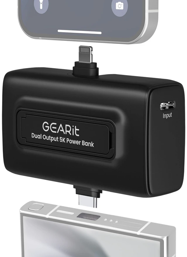 Main image of GEARit 5000mah Power Bank - Dual Output, Mini Battery Pack with Integrated USB-C and Lightning Connectors - Compact, Small Portable Charger Compatible - Black