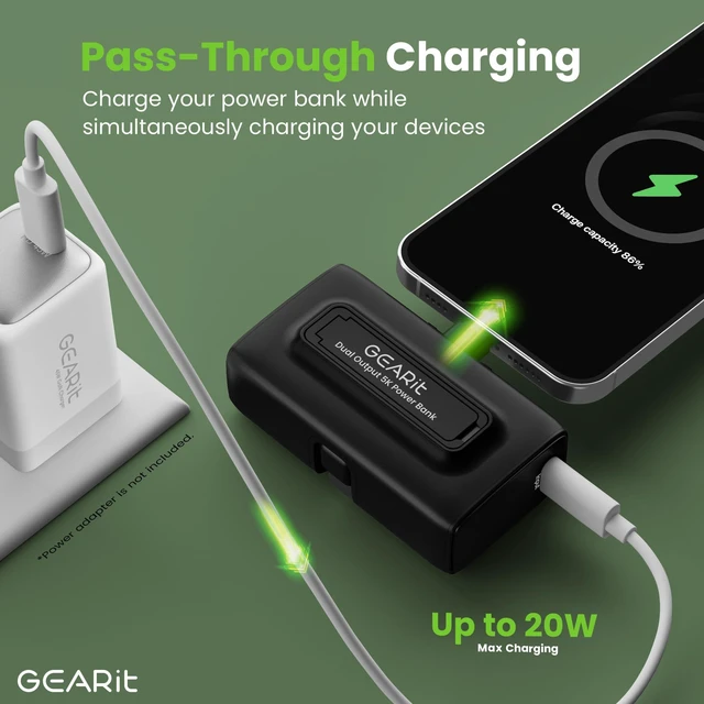 Alt view image 4 of 7 - GEARit 5000mah Power Bank - Dual Output, Mini Battery Pack with Integrated USB-C and Lightning Connectors - Compact, Small Portable Charger Compatible - Black