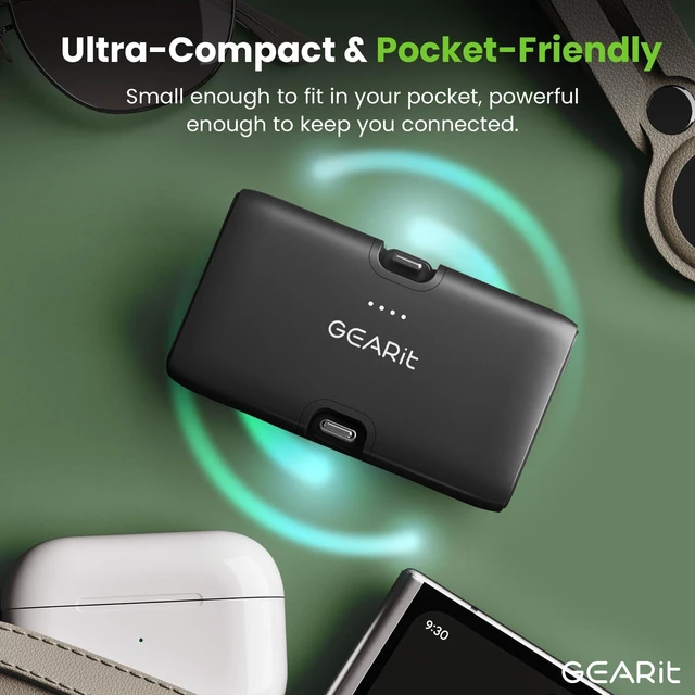 Alt view image 7 of 7 - GEARit 5000mah Power Bank - Dual Output, Mini Battery Pack with Integrated USB-C and Lightning Connectors - Compact, Small Portable Charger Compatible - Black