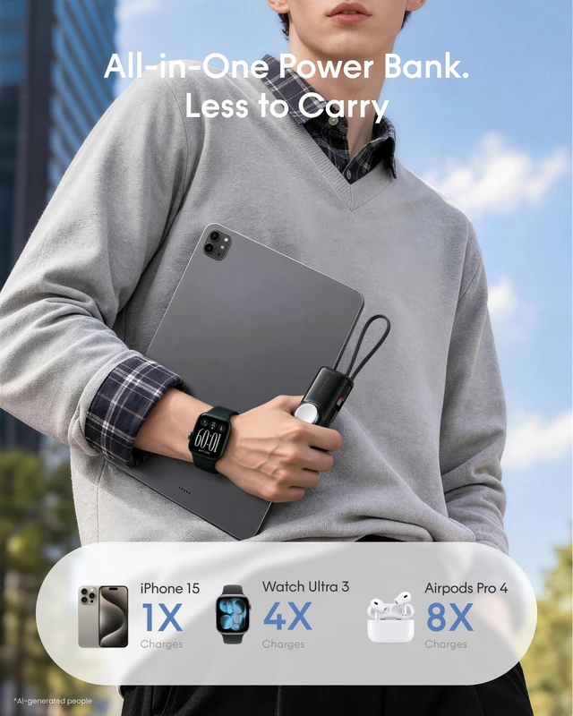 Alt view image 2 of 7 - charmast 5000mAh Mini Portable Charger for Apple Watch and AirPods | 20W Fast Charging Power Bank, Built-In USB-C Cable, Travel Essential for Apple Watch 1~12 Series/Ultra/SE & iPhone 15/16/17