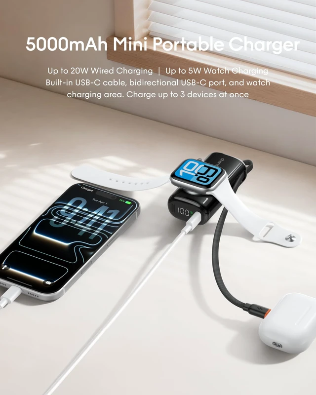 Alt view image 3 of 7 - charmast 5000mAh Mini Portable Charger for Apple Watch and AirPods | 20W Fast Charging Power Bank, Built-In USB-C Cable, Travel Essential for Apple Watch 1~12 Series/Ultra/SE & iPhone 15/16/17