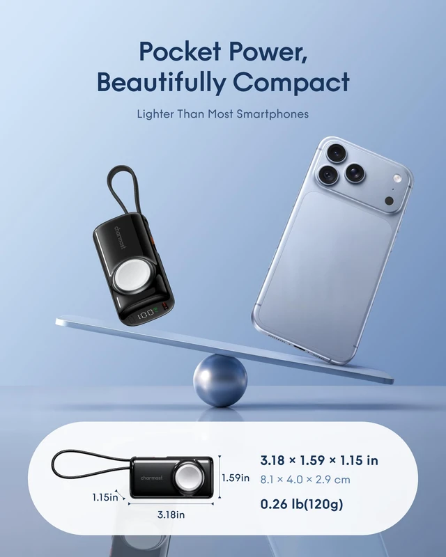 Alt view image 7 of 7 - charmast 5000mAh Mini Portable Charger for Apple Watch and AirPods | 20W Fast Charging Power Bank, Built-In USB-C Cable, Travel Essential for Apple Watch 1~12 Series/Ultra/SE & iPhone 15/16/17