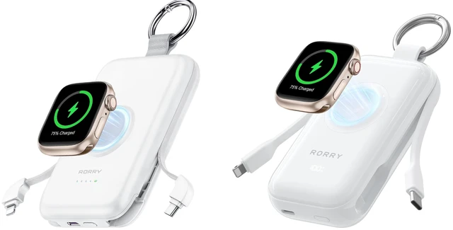 Main image of RORRY CharmGo Portable Charger 45W 20W Fast Charging, 10000mAh Keychain Power Bank with Built-in Cables, Battery Pack for iPhone and Apple Watch, iPad
