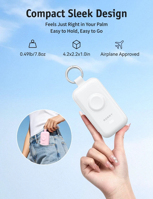 Alt view image 5 of 7 - RORRY CharmGo Portable Charger 45W 20W Fast Charging, 10000mAh Keychain Power Bank with Built-in Cables, Battery Pack for iPhone and Apple Watch, iPad