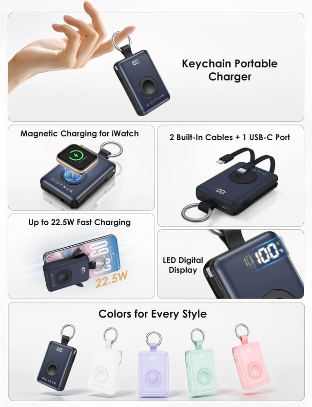 Alt view image 2 of 7 - Portable Charger 10000mAh 22.5W Power Bank with Cables&iWatch Charger | Fast charging, LED display, TSA approved, Compact Keychain Battery Pack for iWatch Series, iPhone 18/17/16/15/14/13, Black