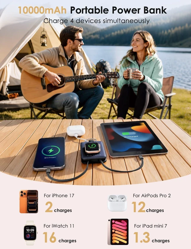 Alt view image 3 of 7 - Portable Charger 10000mAh 22.5W Power Bank with Cables&iWatch Charger | Fast charging, LED display, TSA approved, Compact Keychain Battery Pack for iWatch Series, iPhone 18/17/16/15/14/13, Black