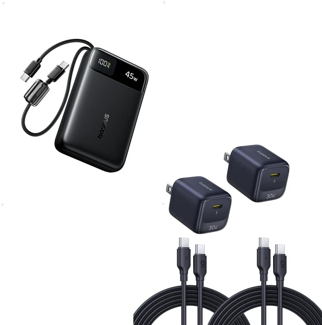 Main image of Baseus 20000mAh Compact Portable Charger 45W, CCC Certified Power Bank Built-in USB-C Cables 30W Charger Block, 2 Pack Fast Charger Type C with USB-C Cable