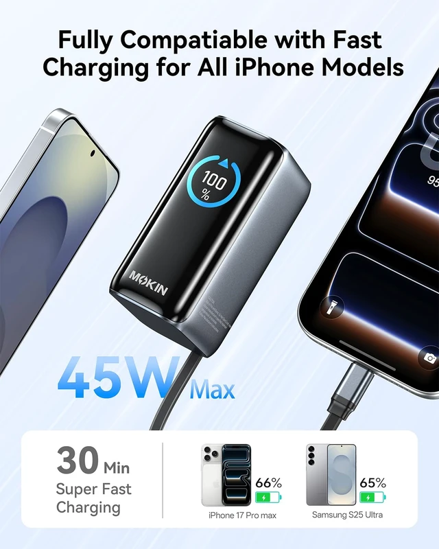 Alt view image 3 of 7 - MOKiN Small Portable Charger 45W PD 10000mAh Mini Power Bank with Built-in Retractable USB-C Cable for Travel,Smart Display Battery Pack Compliant Charger for iPhone18/17/16/15,iPad & More