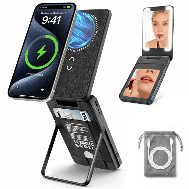 Main image of 5-in-1 Magnetic Power Bank, 5000mAh Portable Wireless Charger with Mirror, Stand, Bluetooth Remote & Card Holder, MagSafe Compatible Travel Essential for iPhone & Samsung, USB-C Cable IncludedBlack