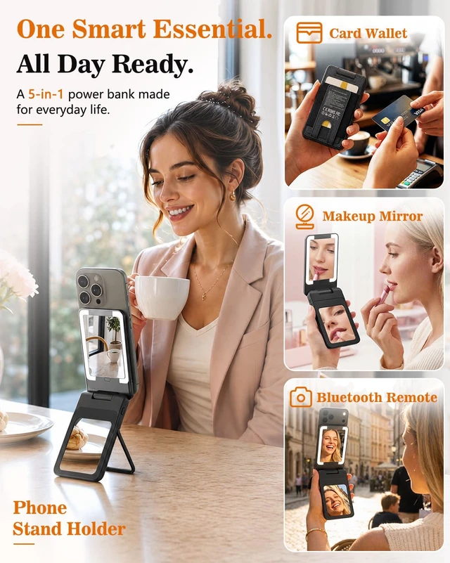 Alt view image 3 of 7 - 5-in-1 Magnetic Power Bank, 5000mAh Portable Wireless Charger with Mirror, Stand, Bluetooth Remote & Card Holder, MagSafe Compatible Travel Essential for iPhone & Samsung, USB-C Cable IncludedBlack