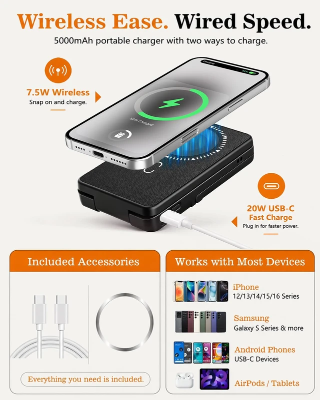 Alt view image 4 of 7 - 5-in-1 Magnetic Power Bank, 5000mAh Portable Wireless Charger with Mirror, Stand, Bluetooth Remote & Card Holder, MagSafe Compatible Travel Essential for iPhone & Samsung, USB-C Cable IncludedBlack