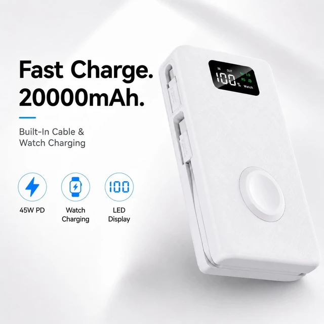 Alt view image 2 of 7 - PZOZ 20000mAh Portable Charger with Apple Watch Charger, 45W PD Power Bank | Built-in USB-C Cable, Lightning Adapter and LED Display for Charging iPhone, iPad and Multiple Devices