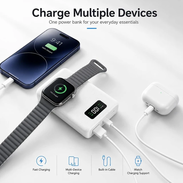 Alt view image 3 of 7 - PZOZ 20000mAh Portable Charger with Apple Watch Charger, 45W PD Power Bank | Built-in USB-C Cable, Lightning Adapter and LED Display for Charging iPhone, iPad and Multiple Devices