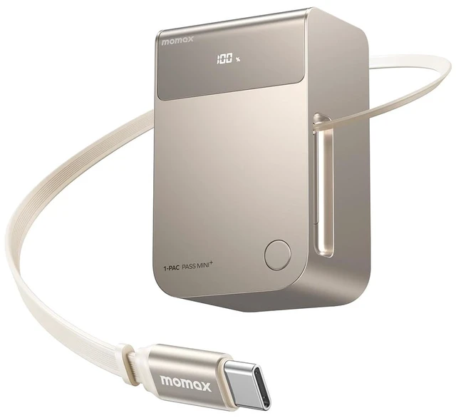 Main image of MOMAX Mini Portable Charger, 10000mAh Power Bank with 2.1 ft Retractable USB-C Cable, 45W Fast Charging, LED Display, Travel Battery Pack for iPhone 18/17/16, iPad, Galaxy and Pixel