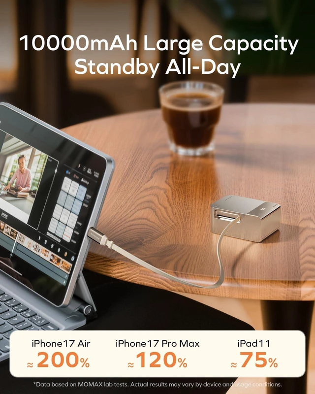 Alt view image 5 of 7 - MOMAX Mini Portable Charger, 10000mAh Power Bank with 2.1 ft Retractable USB-C Cable, 45W Fast Charging, LED Display, Travel Battery Pack for iPhone 18/17/16, iPad, Galaxy and Pixel