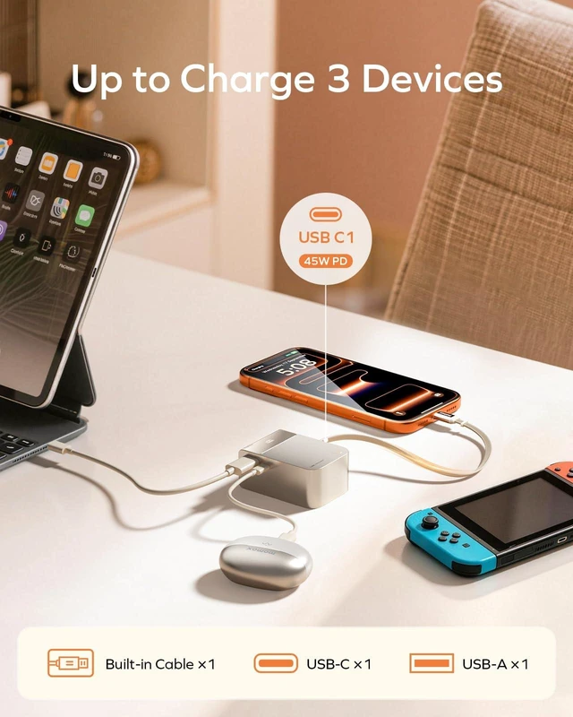 Alt view image 3 of 7 - MOMAX Mini Portable Charger, 10000mAh Power Bank with 2.1 ft Retractable USB-C Cable, 45W Fast Charging, LED Display, Travel Battery Pack for iPhone 18/17/16, iPad, Galaxy and Pixel