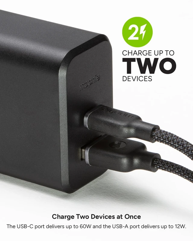 Alt view image 2 of 6 - mophie GaN 60W Charger - USB-C Charger with USB-A Port, Fast Charging for Phones, Tablets, Laptops - Compact, Foldable Prongs, Eco-Friendly Materials, Black