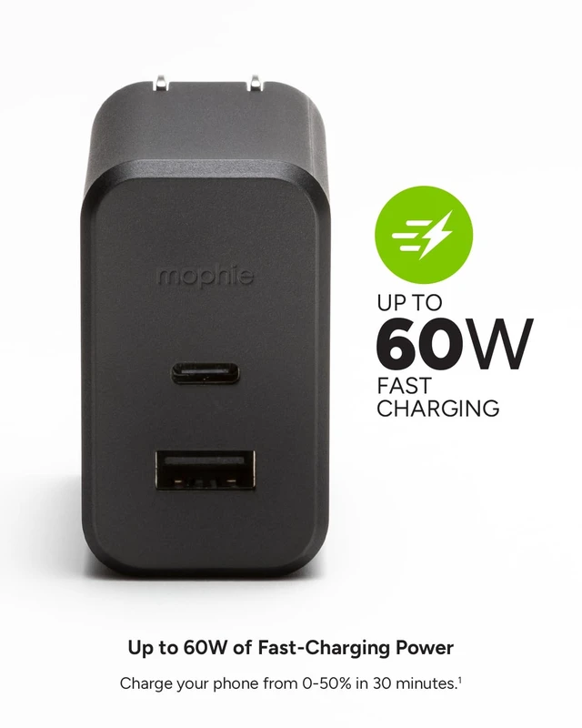 Alt view image 4 of 6 - mophie GaN 60W Charger - USB-C Charger with USB-A Port, Fast Charging for Phones, Tablets, Laptops - Compact, Foldable Prongs, Eco-Friendly Materials, Black
