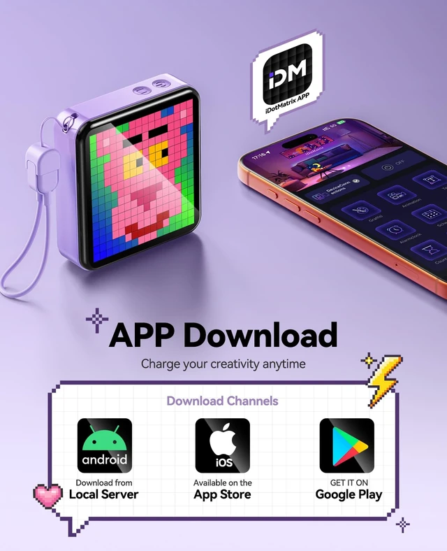 Alt view image 4 of 7 - ORICO Pixel Art Portable Charger 5000mAh, Mini Power Bank with USB-C Cable | Smart App Control RGB LED Matrix with DIY Animation, Flight-Safe Battery Pack for iPhone 17 - PixCharge Series